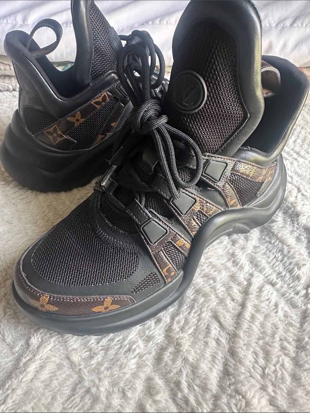 Louis Vuitton Black Sneakers with Brown Monogram Accents